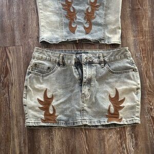 Denim Skirt with Brown Flame Embroidery